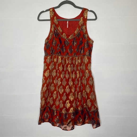 Free People Dresses & Skirts - Free People red dress beaded boho indian jacquard gold stud party holiday 6